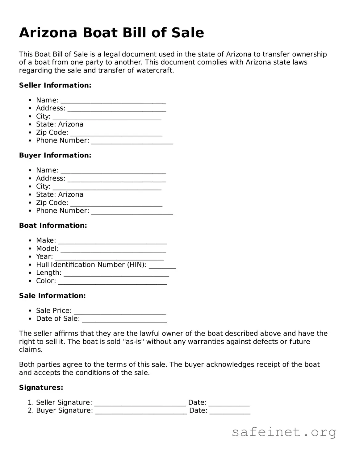 Valid Boat Bill of Sale Template for the State of Arizona