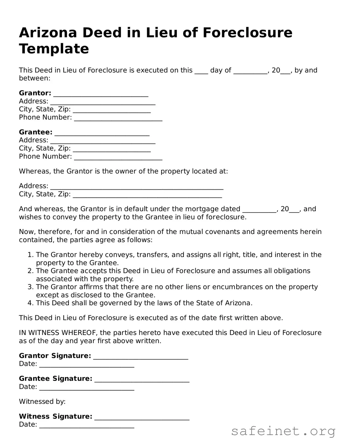 Valid Deed in Lieu of Foreclosure Template for the State of Arizona