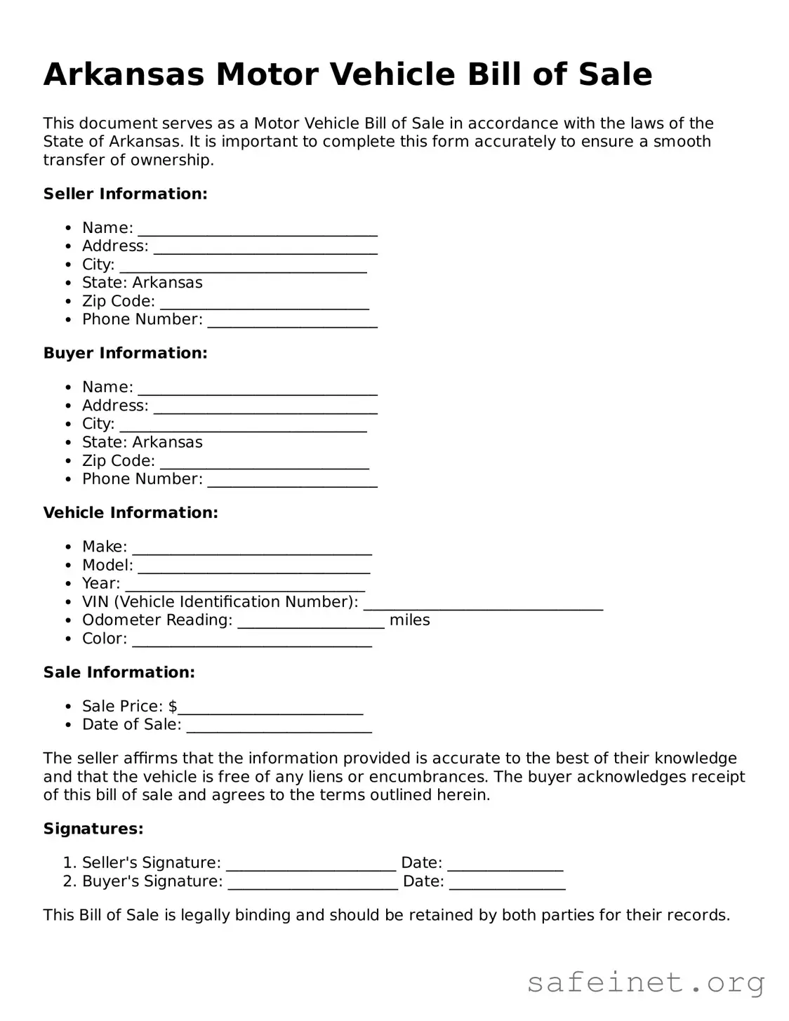Valid Motor Vehicle Bill of Sale Template for the State of Arkansas