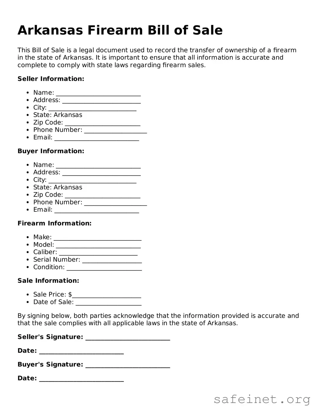 Valid Firearm Bill of Sale Template for the State of Arkansas