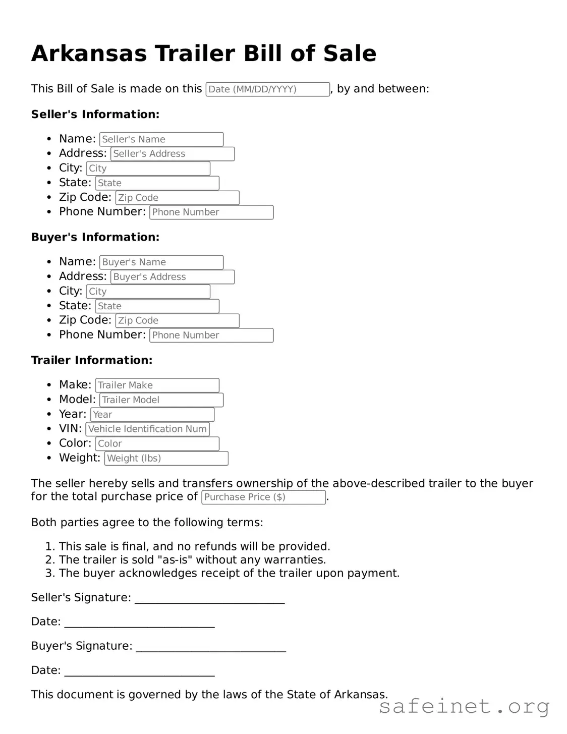 Valid Trailer Bill of Sale Template for the State of Arkansas