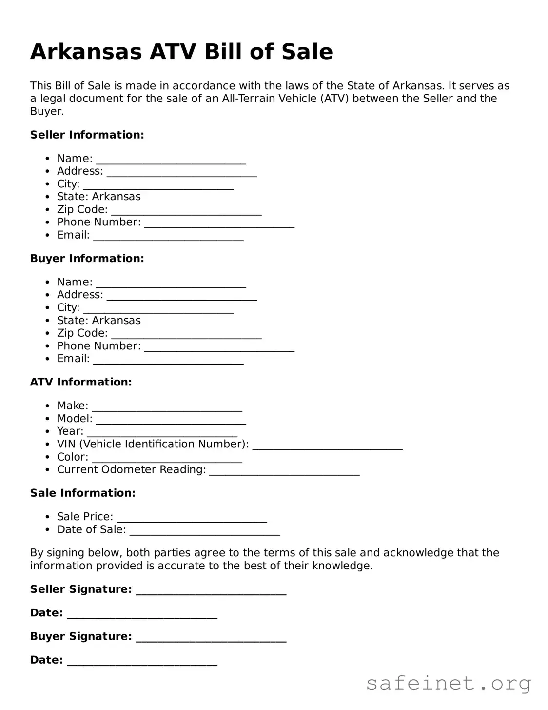 Valid ATV Bill of Sale Template for the State of Arkansas