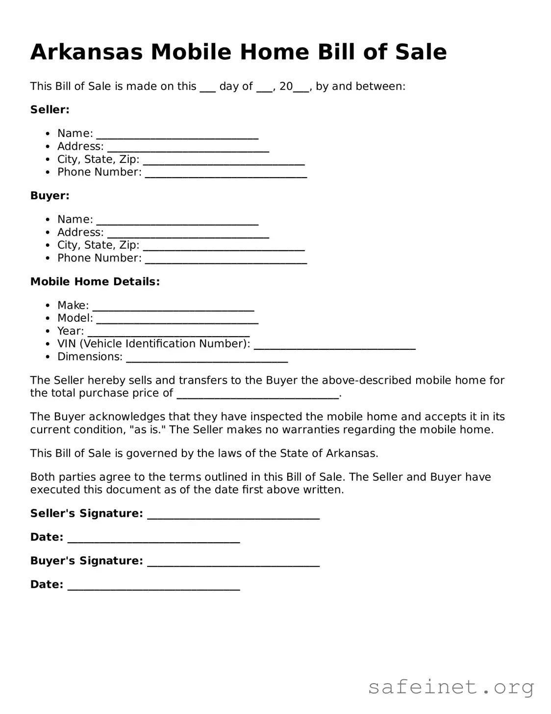 Valid Mobile Home Bill of Sale Template for the State of Arkansas