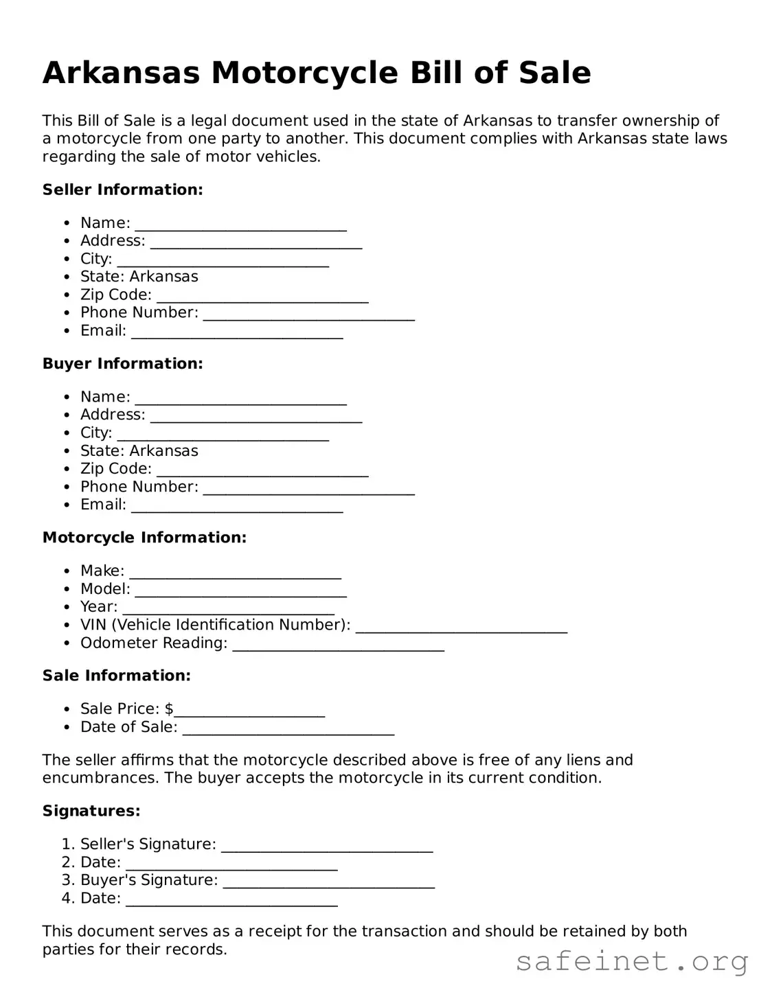 Valid Motorcycle Bill of Sale Template for the State of Arkansas