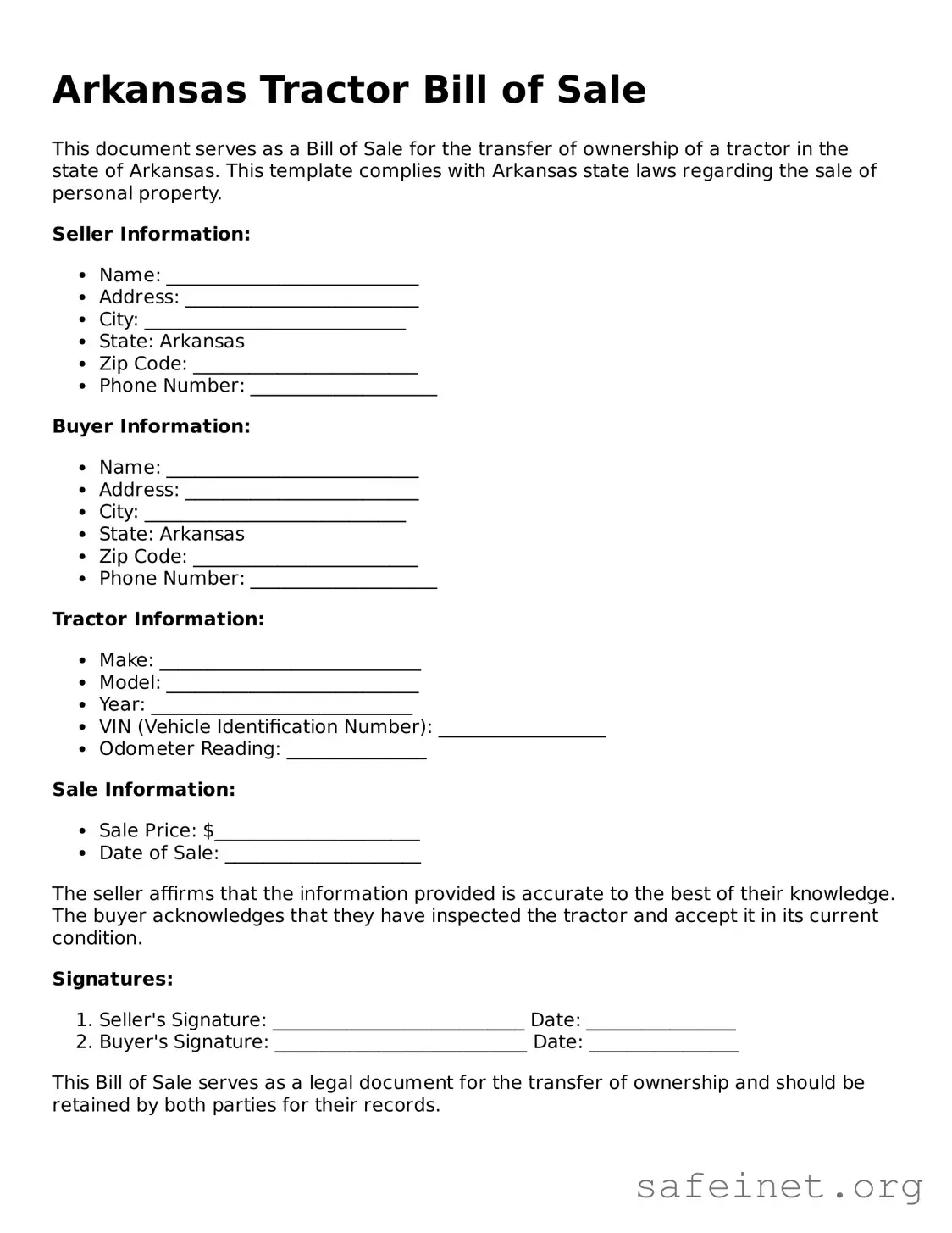 Valid Tractor Bill of Sale Template for the State of Arkansas