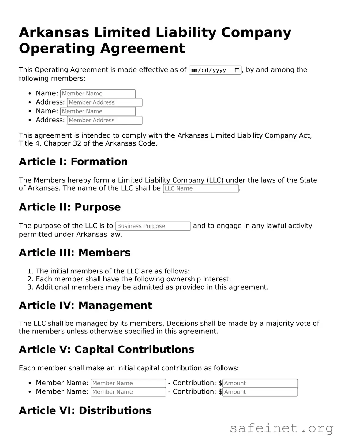 Valid Operating Agreement Template for the State of Arkansas