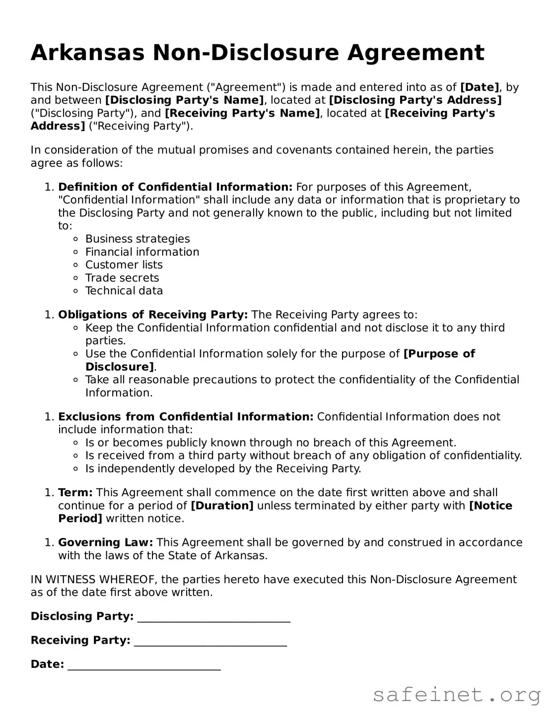 Valid Non-disclosure Agreement Template for the State of Arkansas