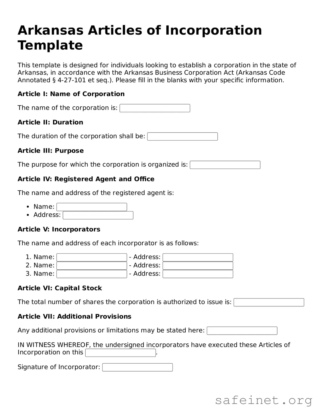 Valid Articles of Incorporation Template for the State of Arkansas