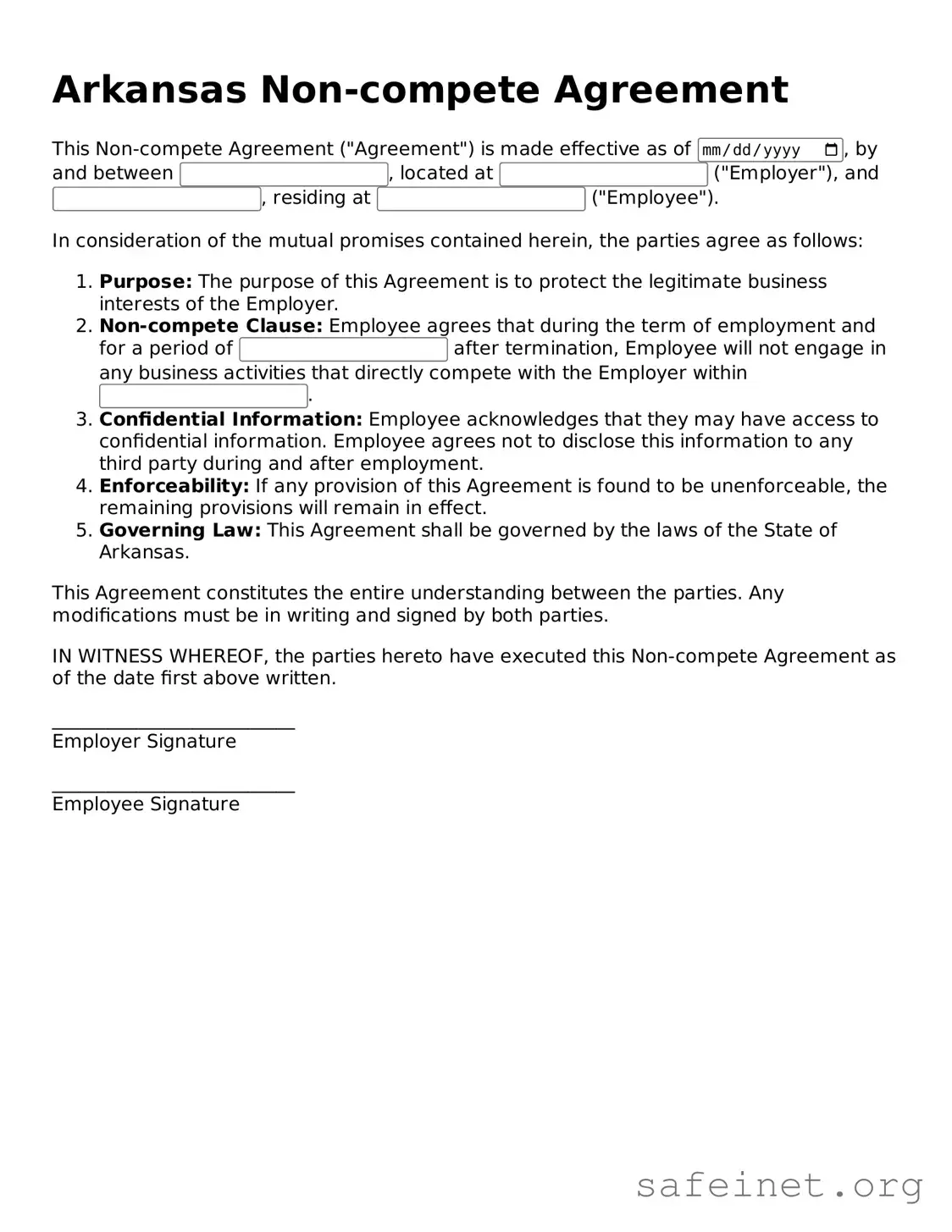 Valid Non-compete Agreement Template for the State of Arkansas