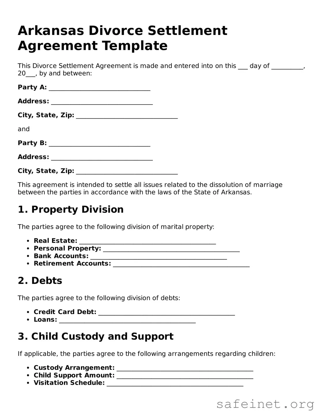 Valid Divorce Settlement Agreement Template for the State of Arkansas