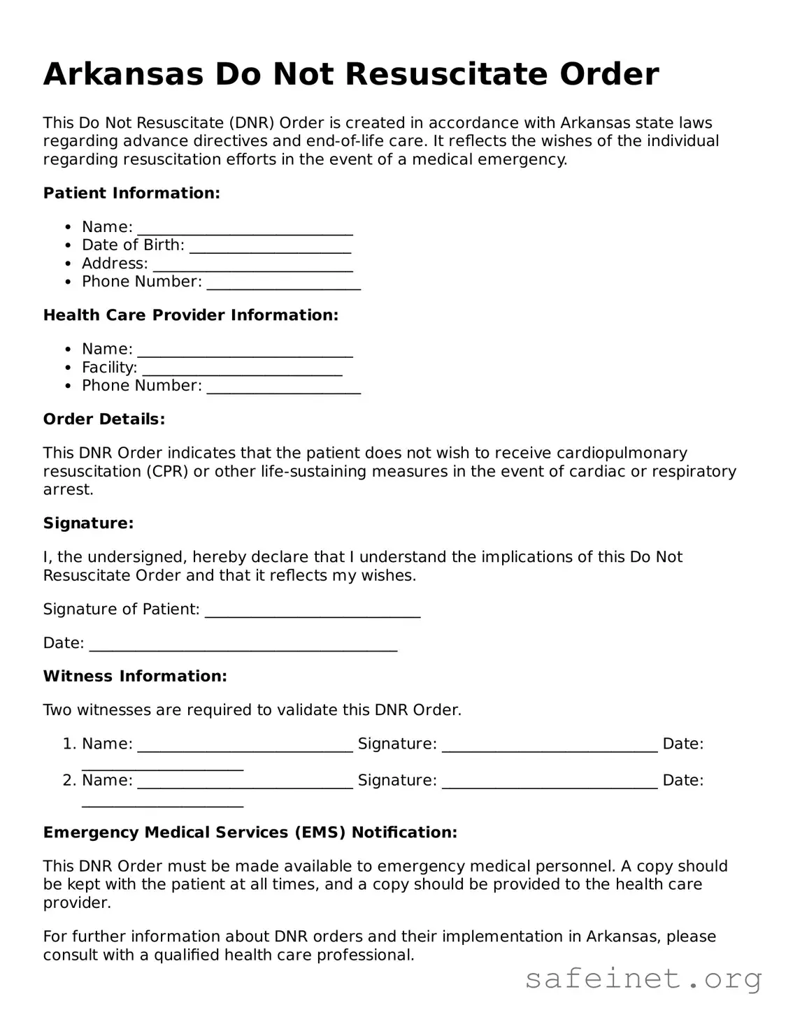 Valid Do Not Resuscitate Order Template for the State of Arkansas