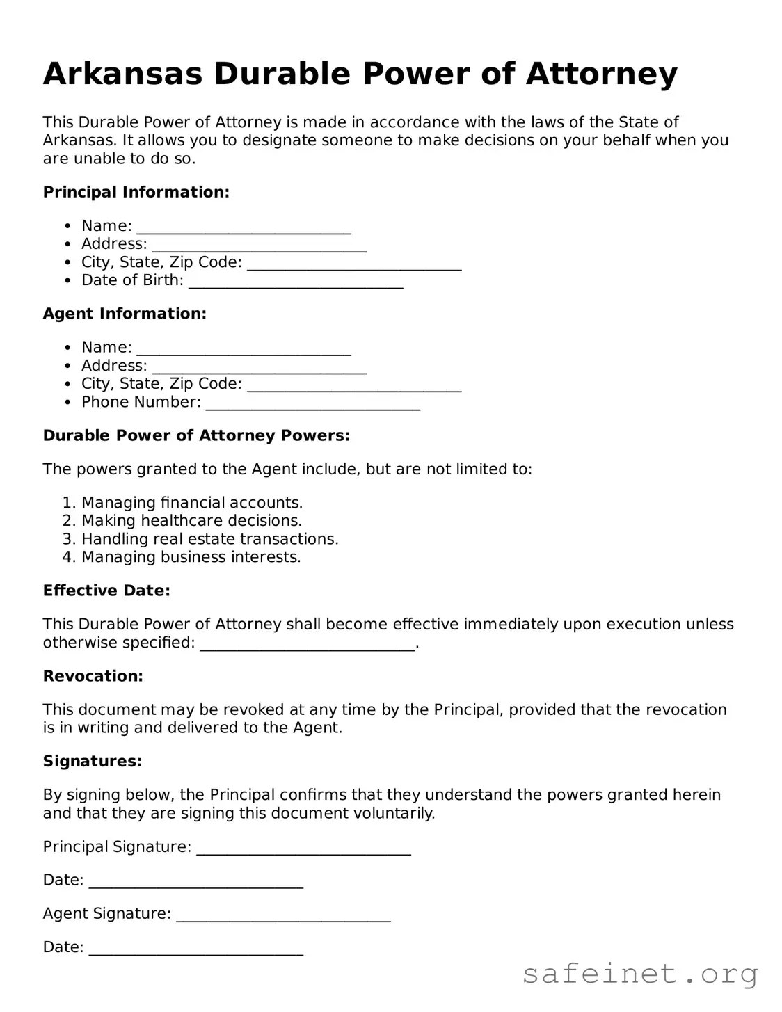 Valid Durable Power of Attorney Template for the State of Arkansas