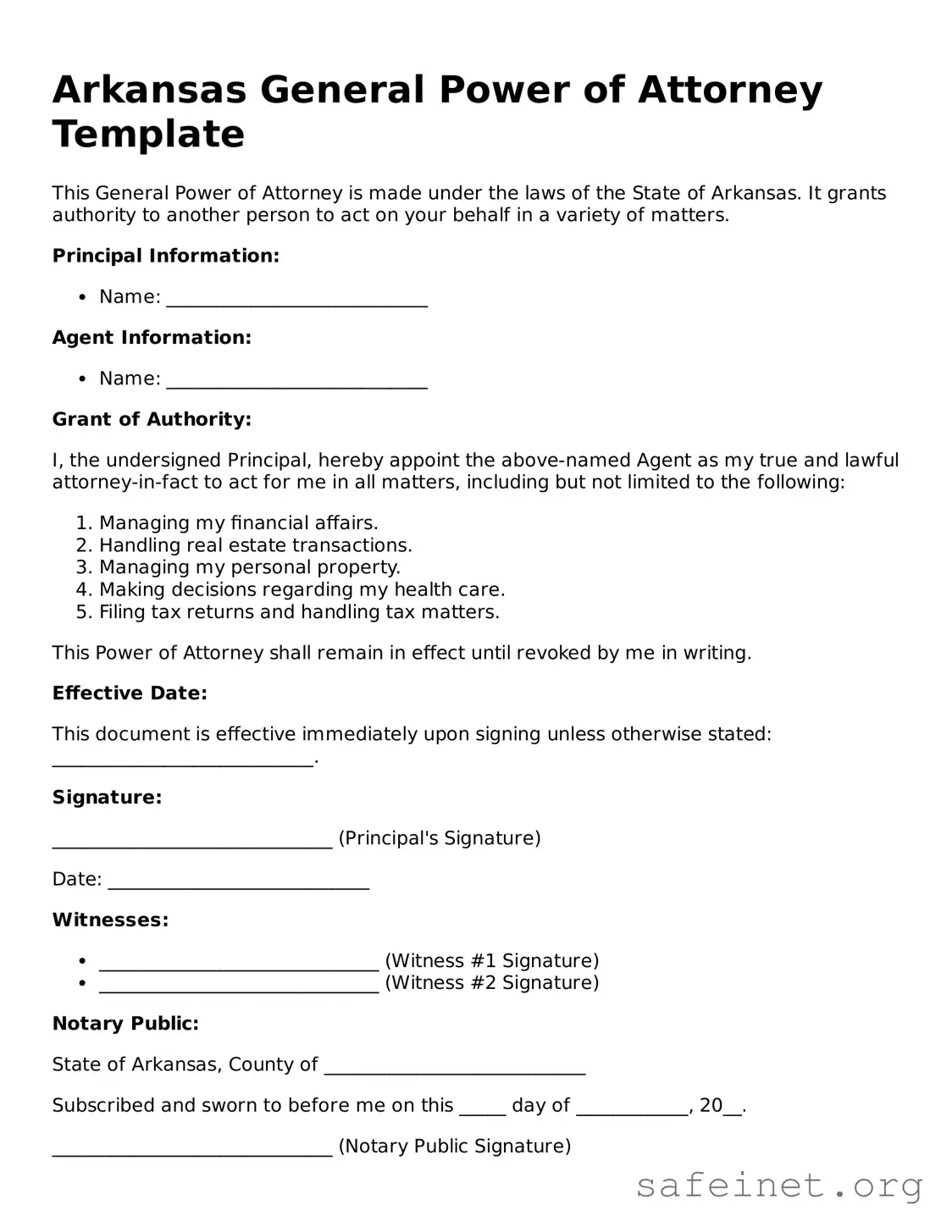 Valid General Power of Attorney Template for the State of Arkansas