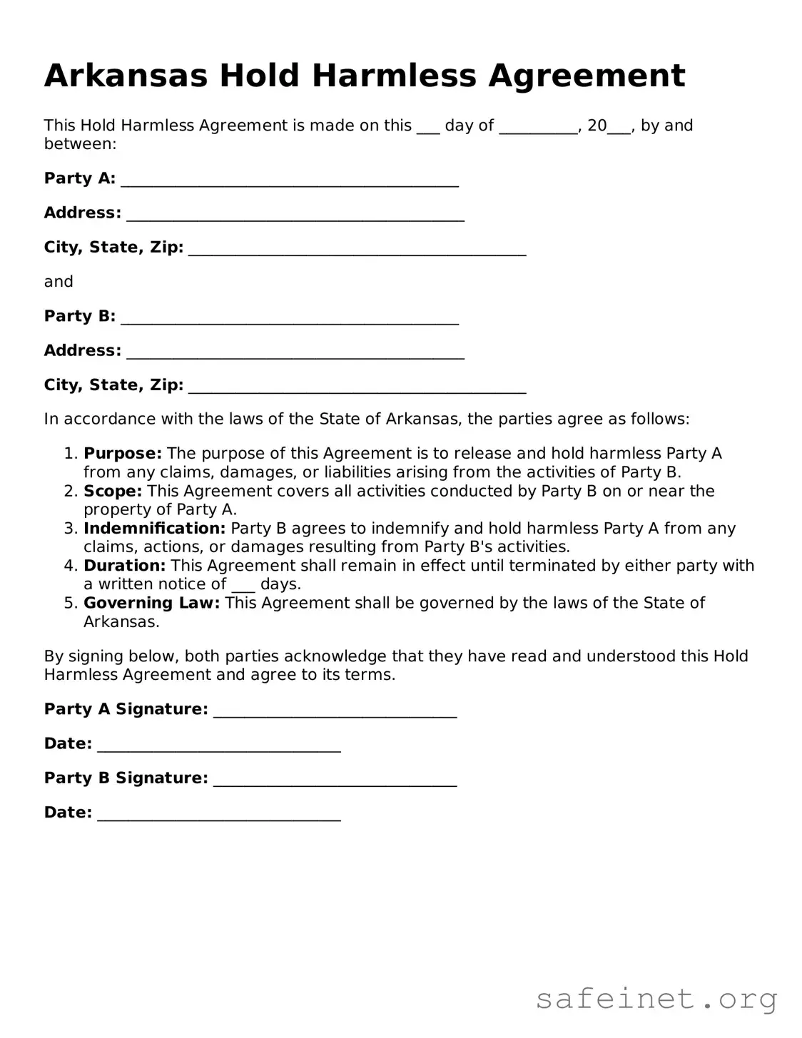 Valid Hold Harmless Agreement Template for the State of Arkansas