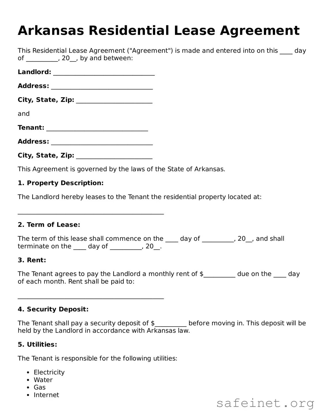 Valid Residential Lease Agreement Template for the State of Arkansas