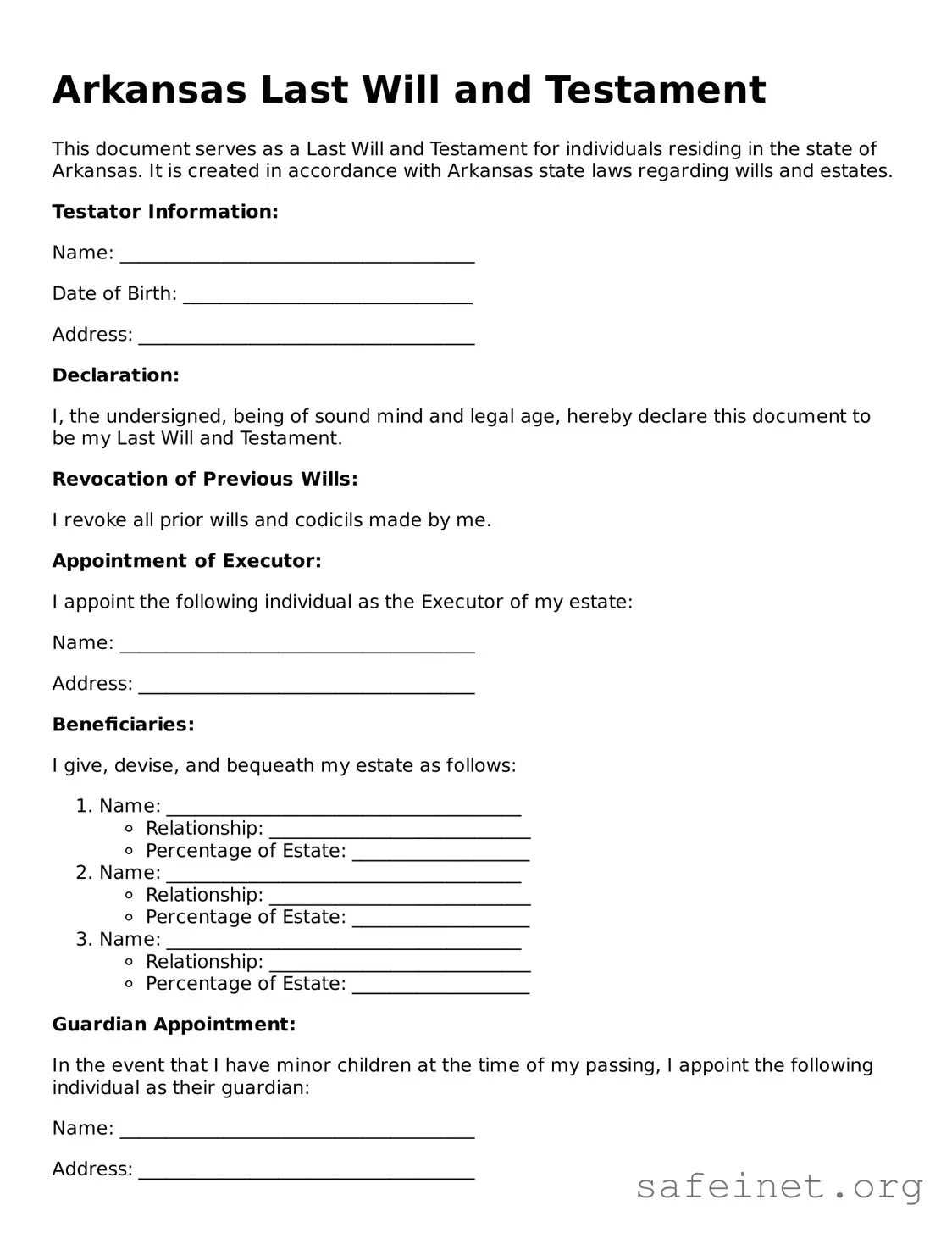 Valid Last Will and Testament Template for the State of Arkansas