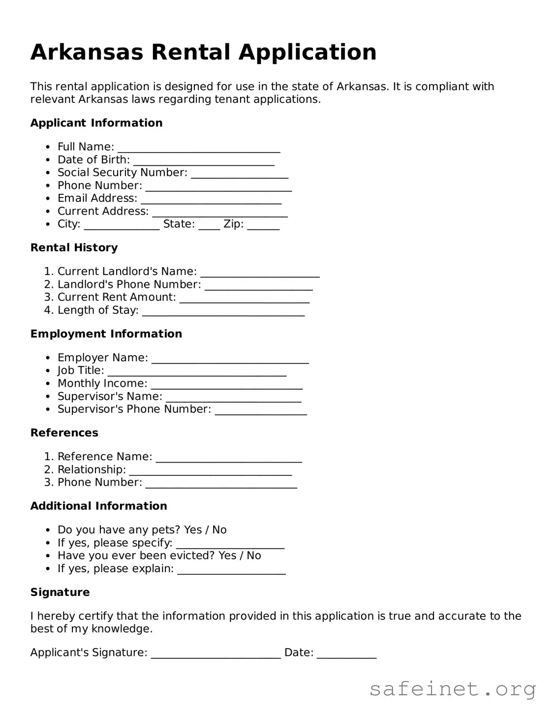 Valid Rental Application Template for the State of Arkansas