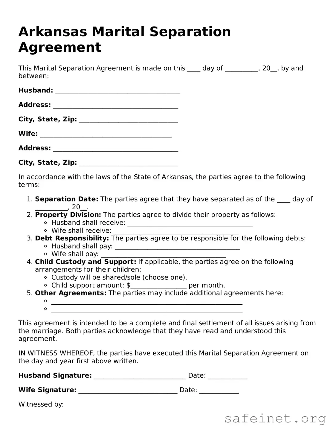 Valid Marital Separation Agreement Template for the State of Arkansas