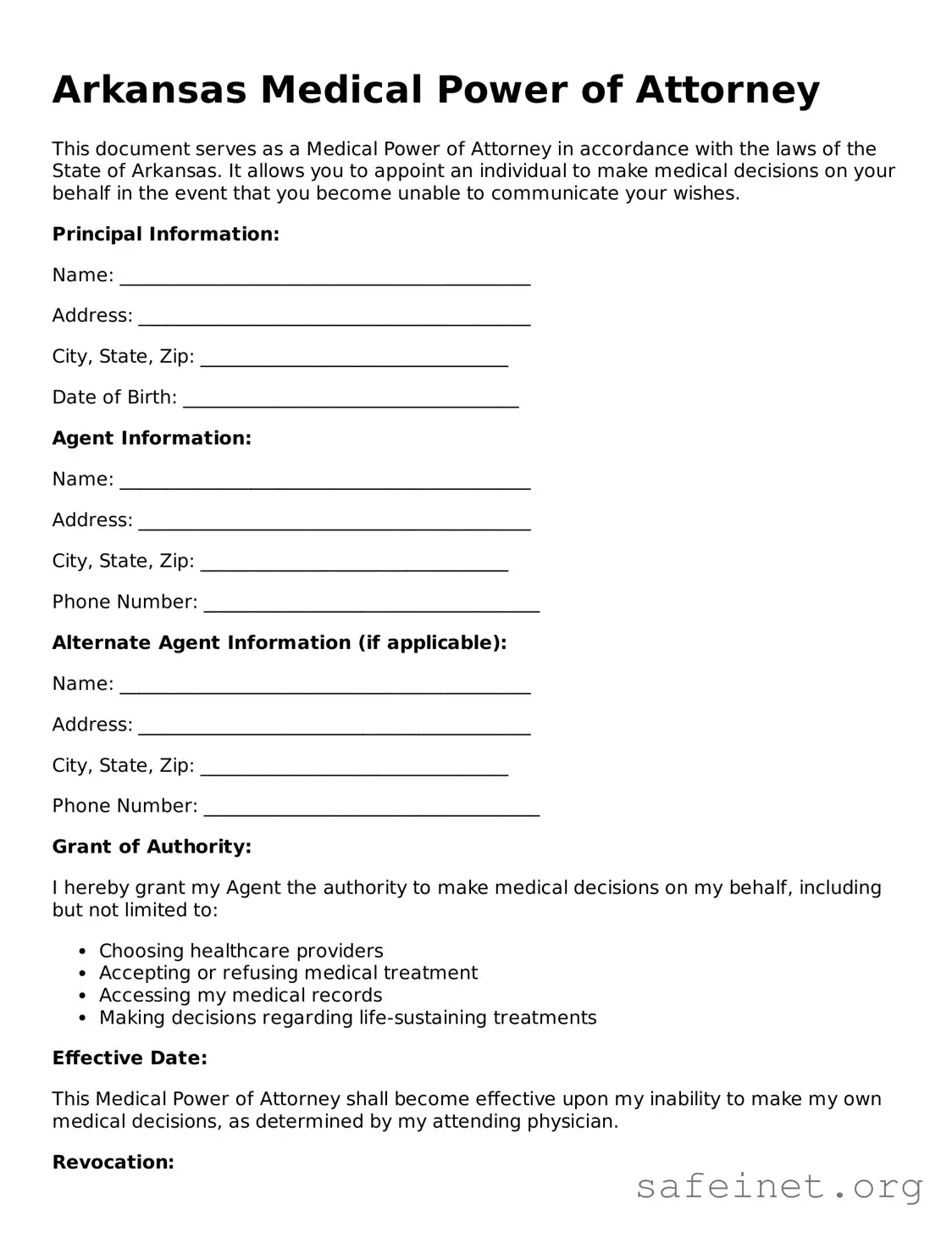 Valid Medical Power of Attorney Template for the State of Arkansas