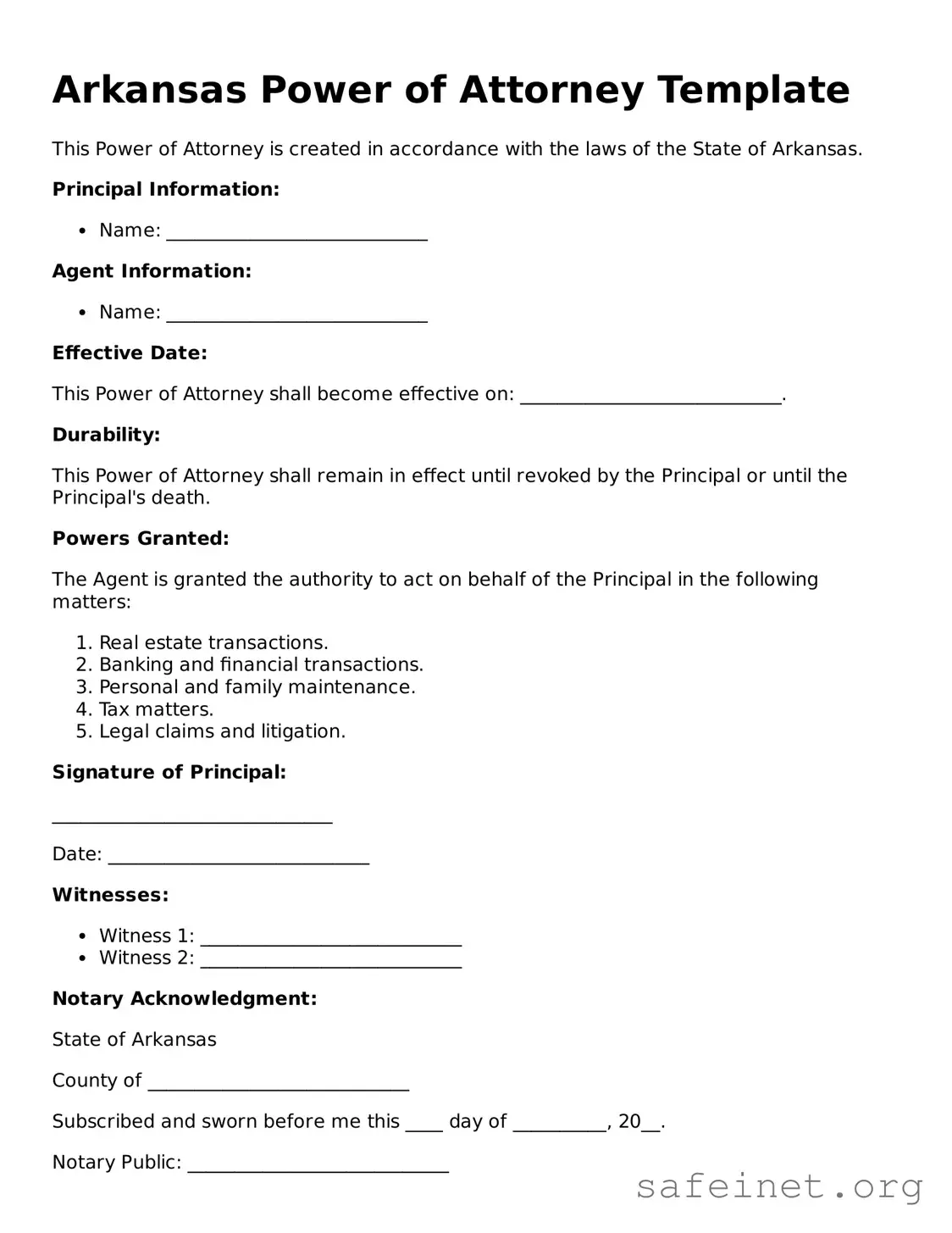 Valid Power of Attorney Template for the State of Arkansas