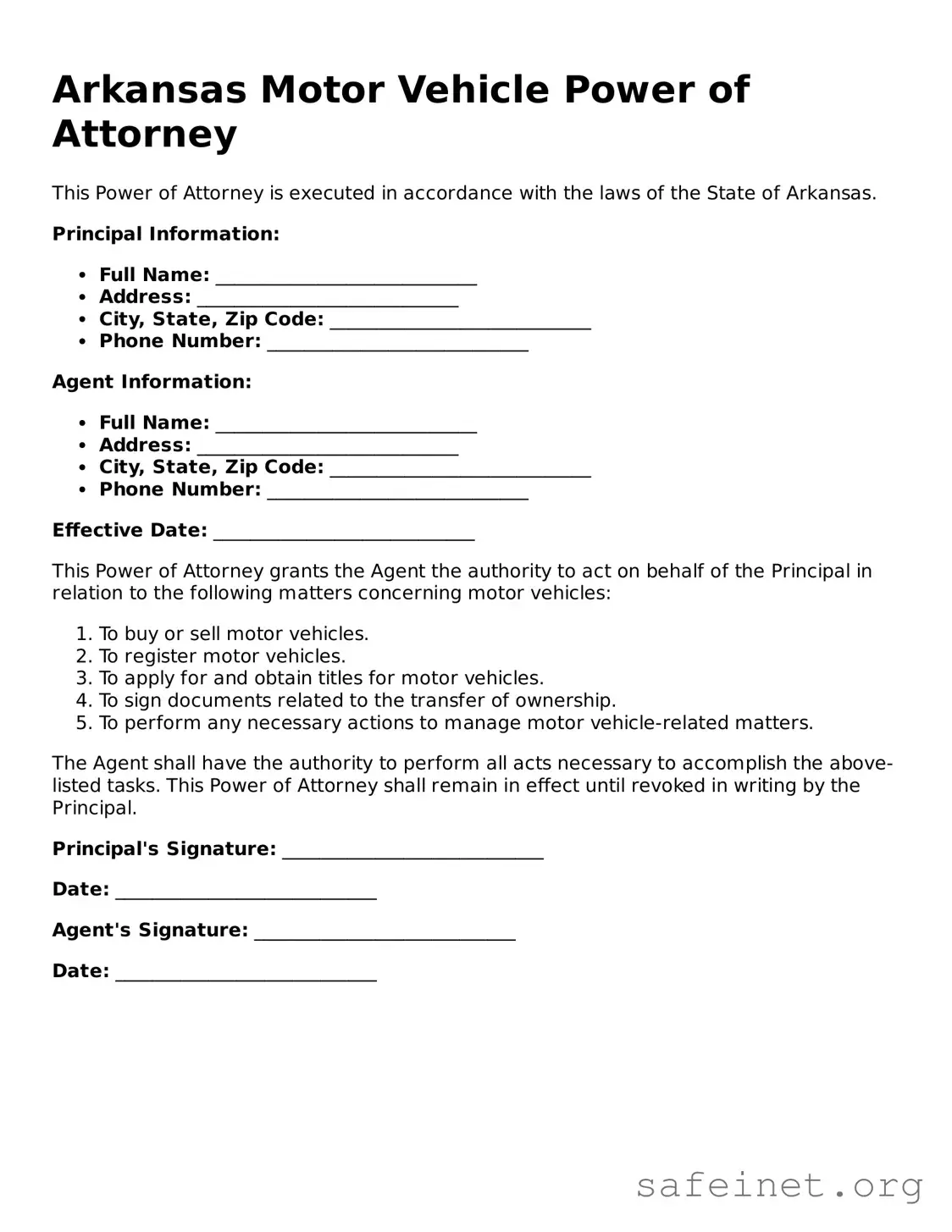 Valid Motor Vehicle Power of Attorney Template for the State of Arkansas