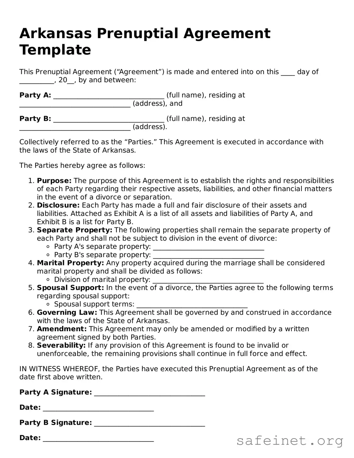 Valid Prenuptial Agreement Template for the State of Arkansas