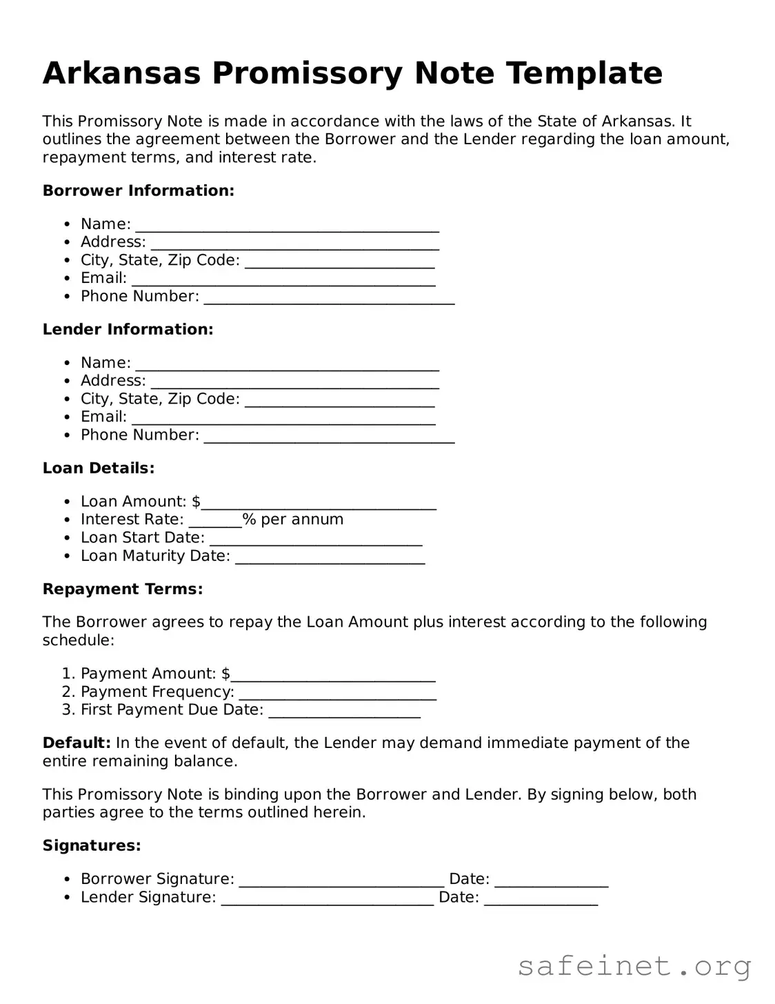 Valid Promissory Note Template for the State of Arkansas