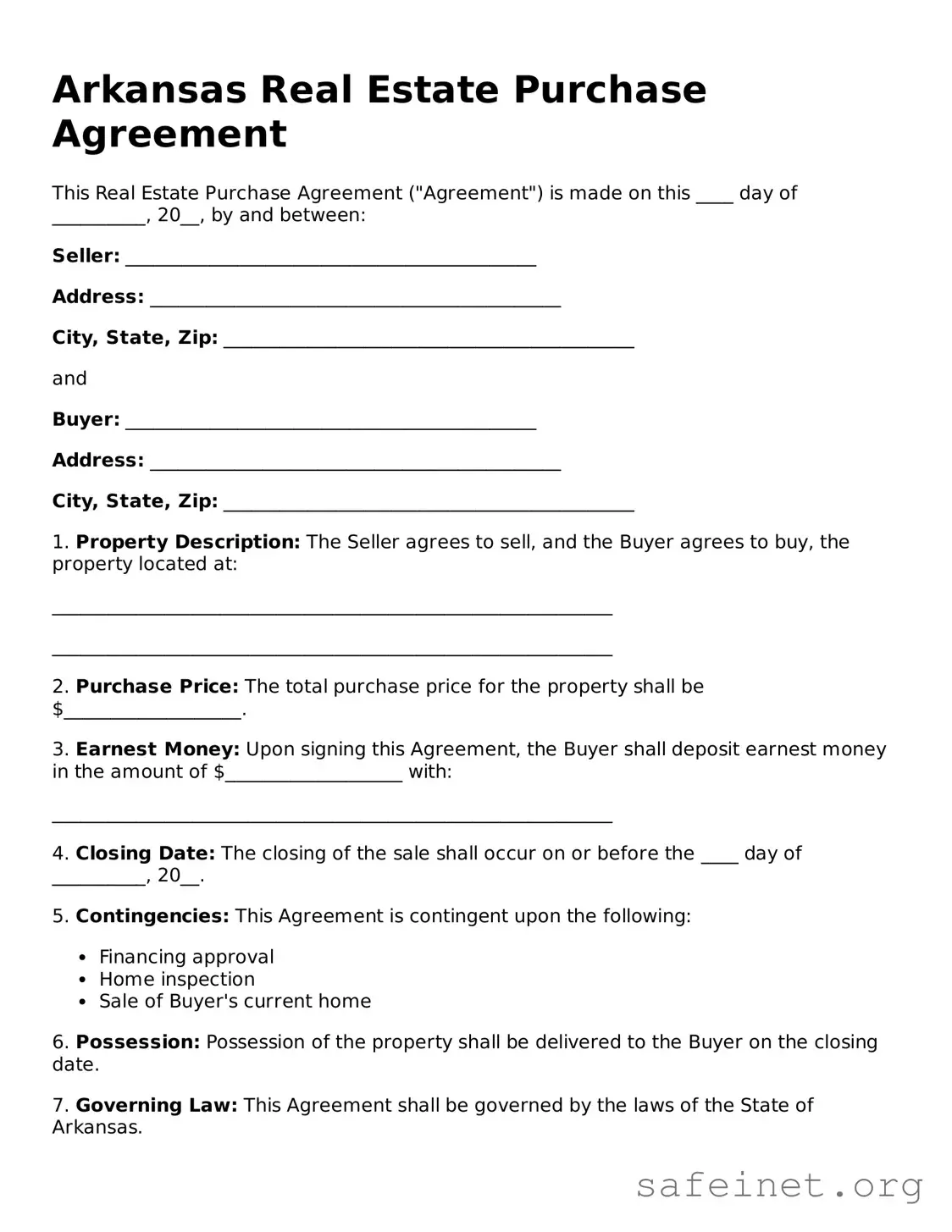 Valid Real Estate Purchase Agreement Template for the State of Arkansas