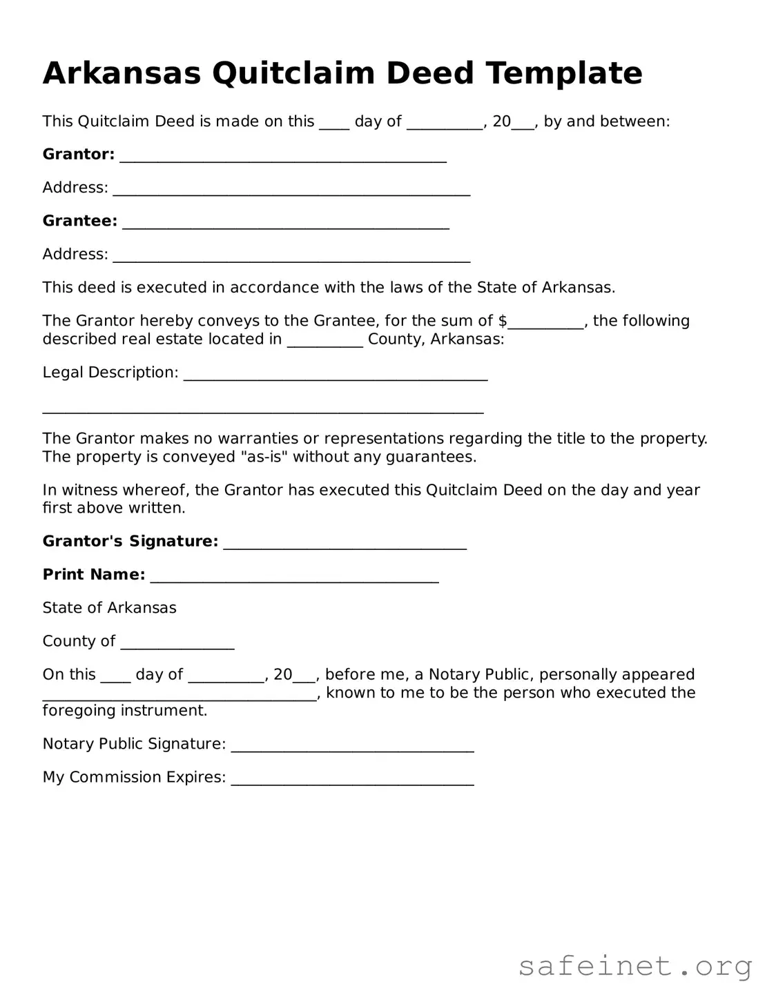 Valid Quitclaim Deed Template for the State of Arkansas