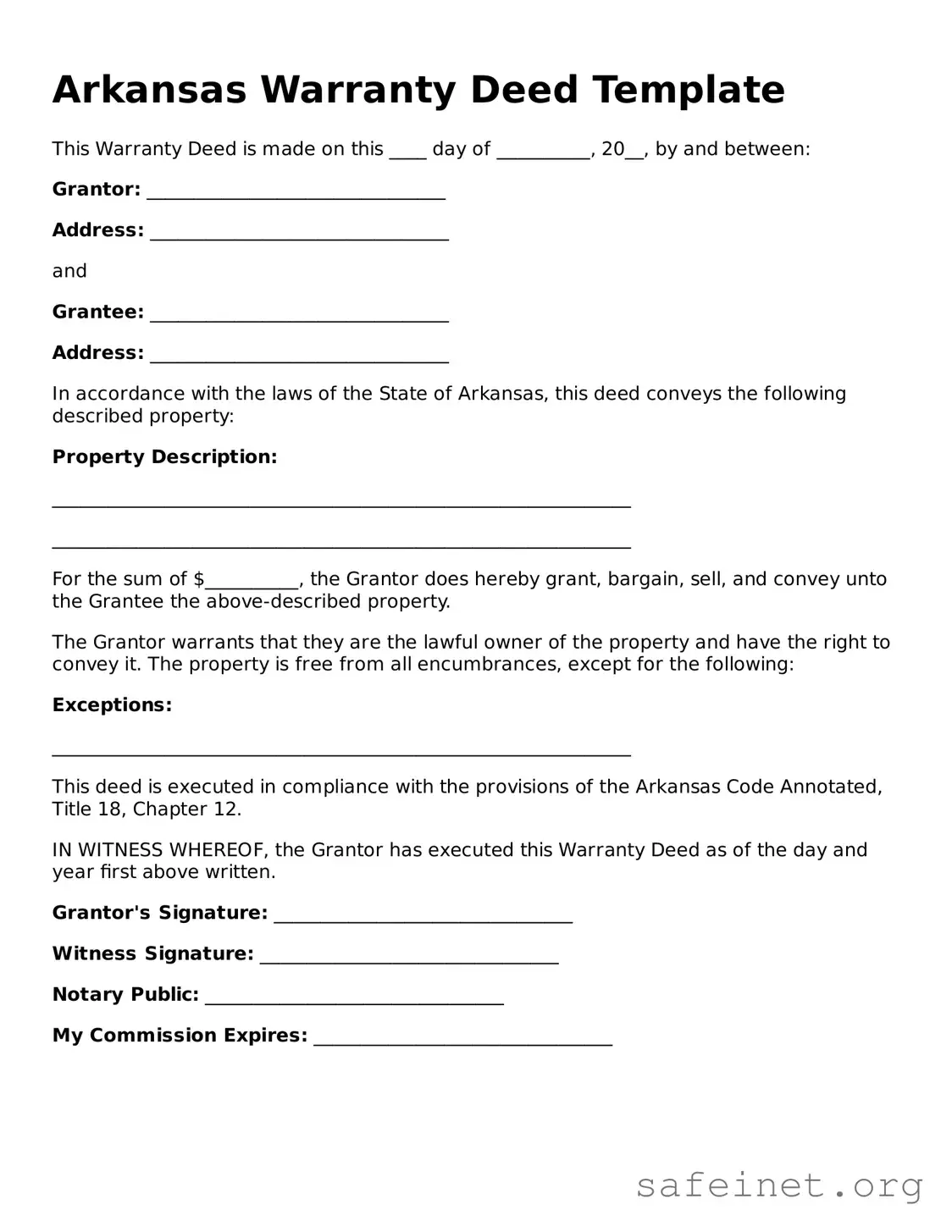 Valid Deed Template for the State of Arkansas