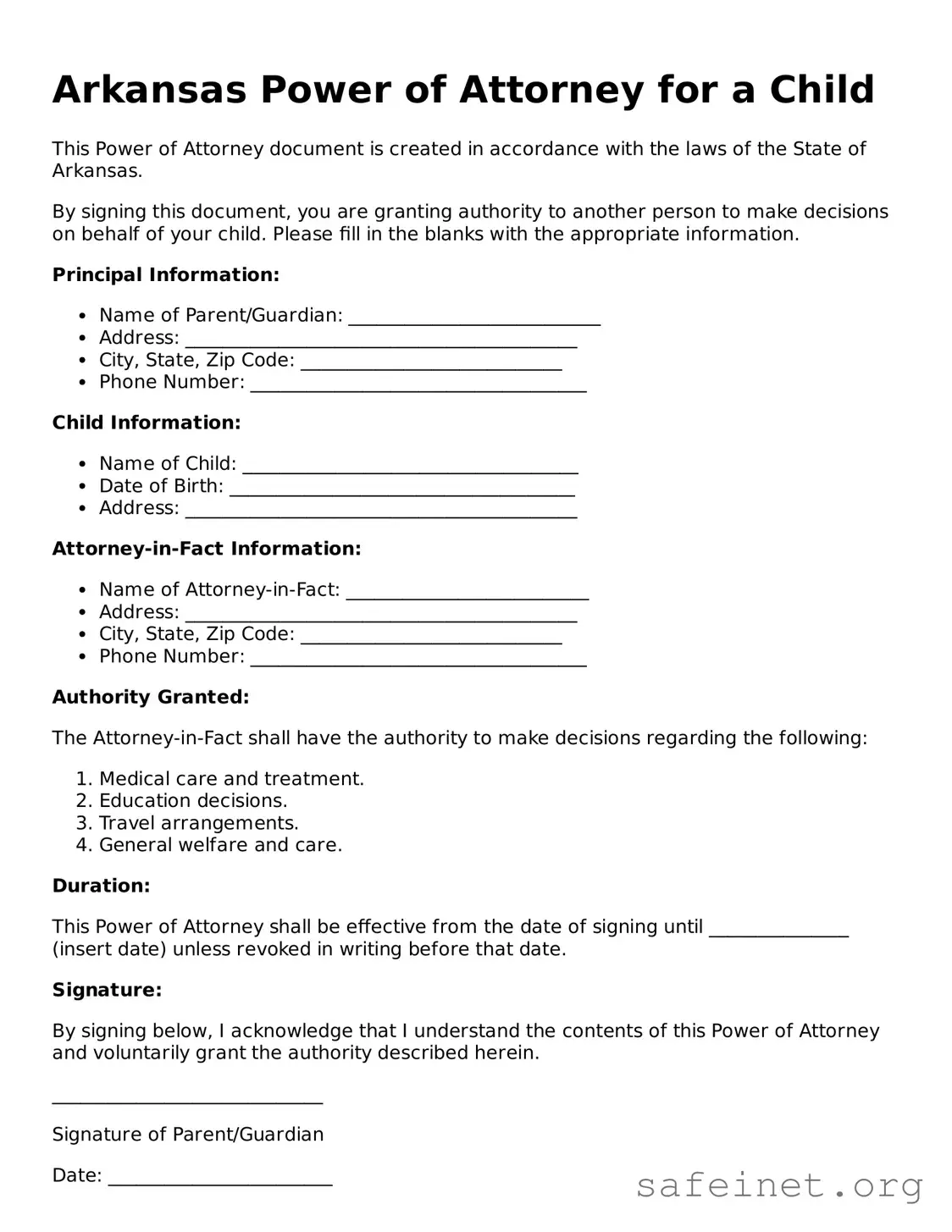 Valid Power of Attorney for a Child Template for the State of Arkansas