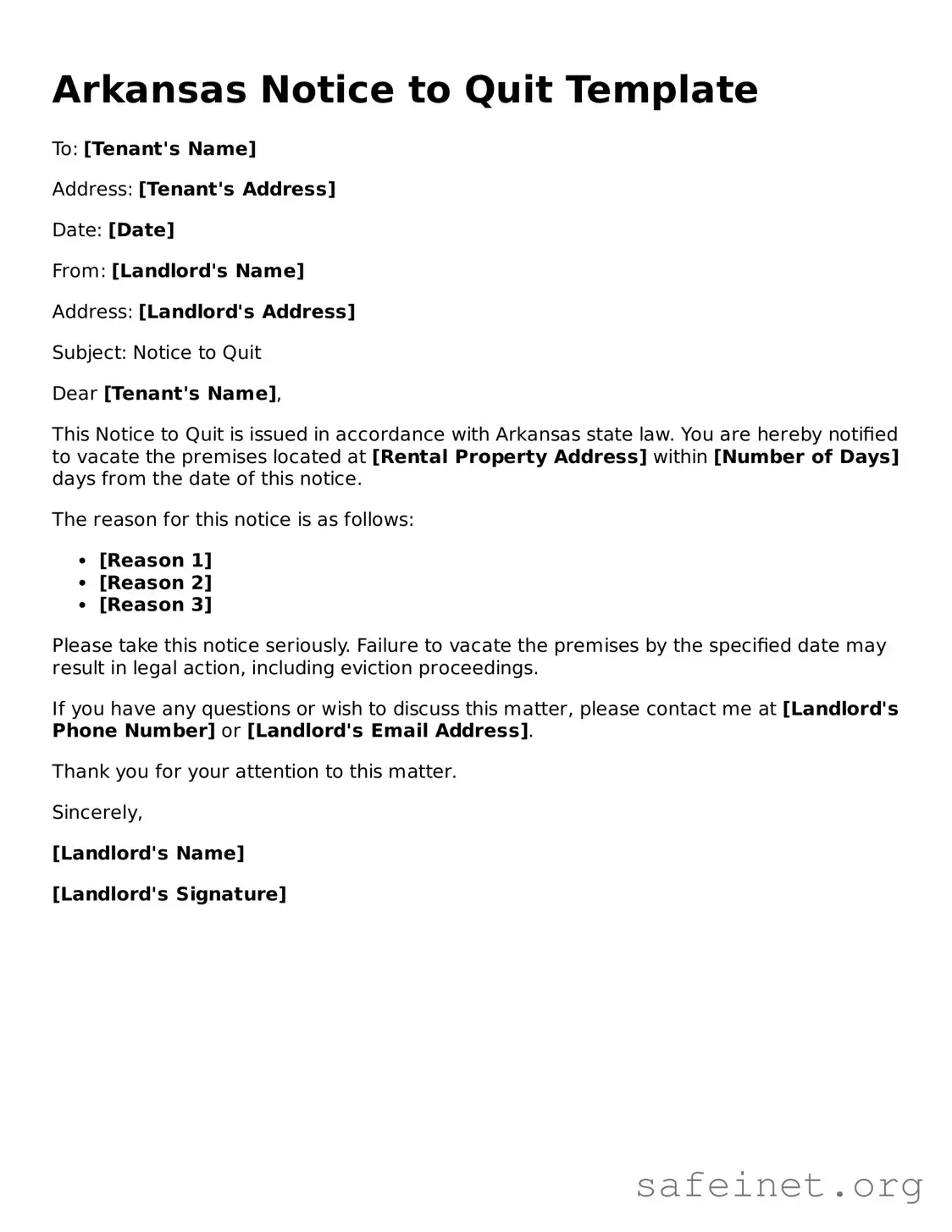 Valid Notice to Quit Template for the State of Arkansas