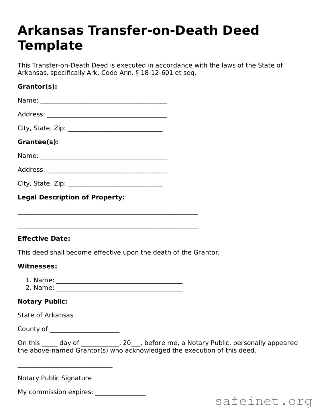 Valid Transfer-on-Death Deed Template for the State of Arkansas