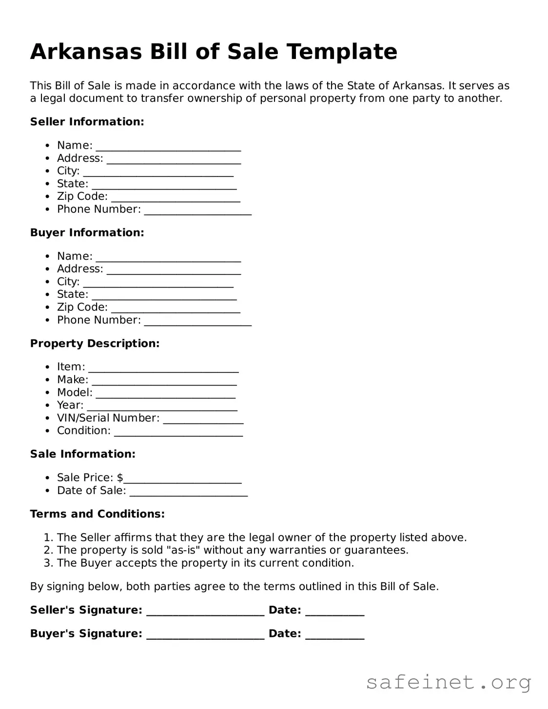 Valid Bill of Sale Template for the State of Arkansas