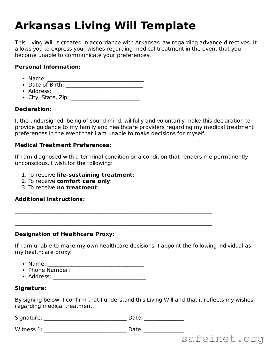 Valid Living Will Template for the State of Arkansas