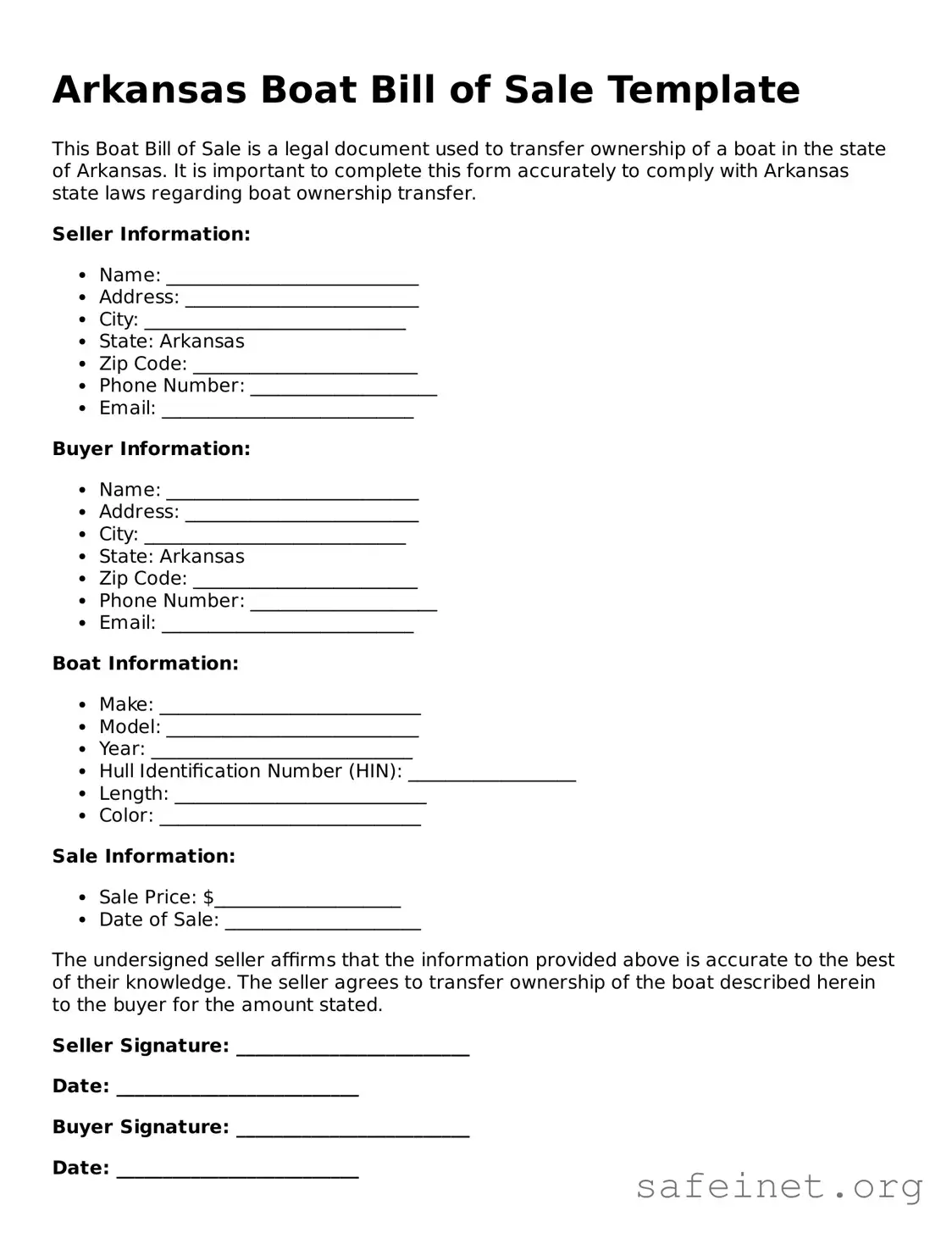Valid Boat Bill of Sale Template for the State of Arkansas