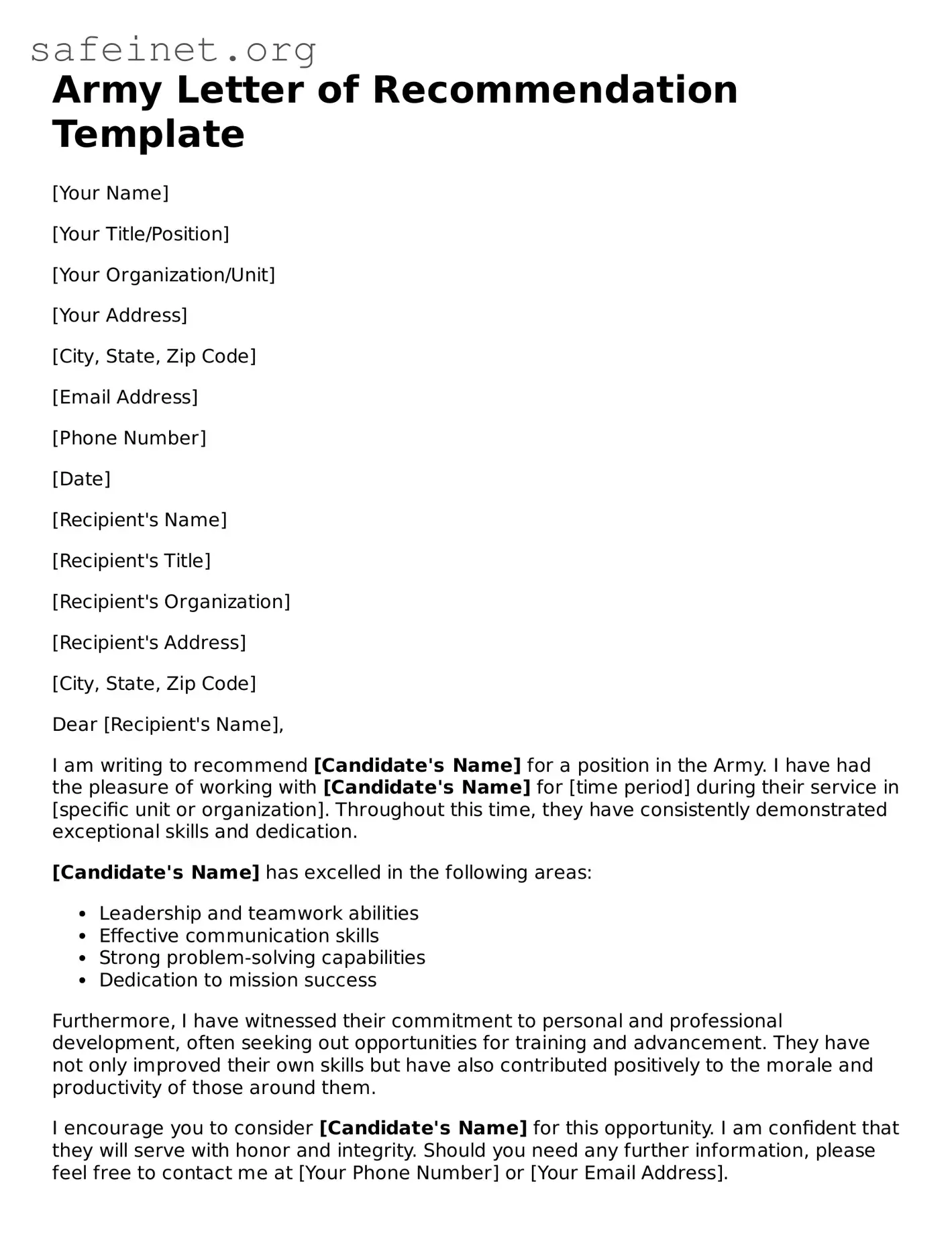 Official Army Letter of Recommendation Document