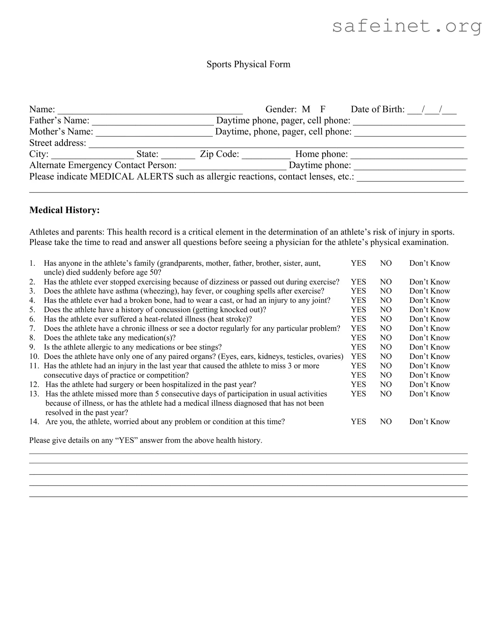 Blank Sports Physical Template