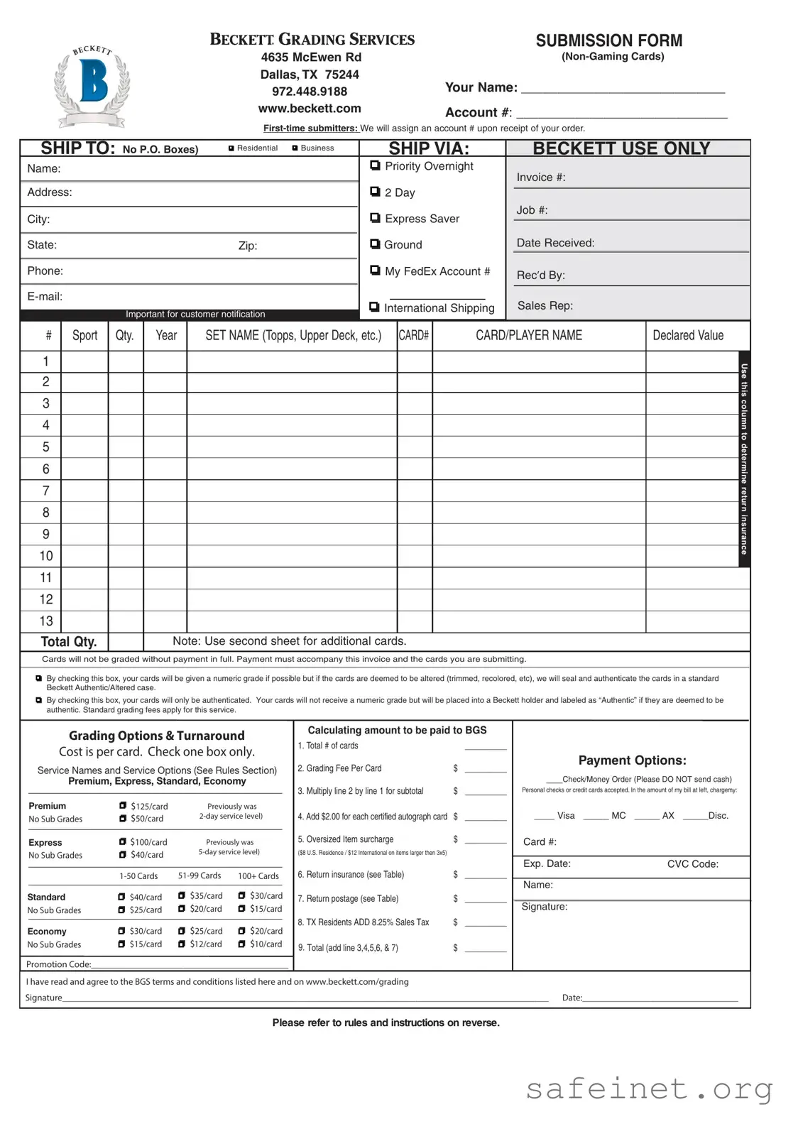 Blank Beckett Grading Template