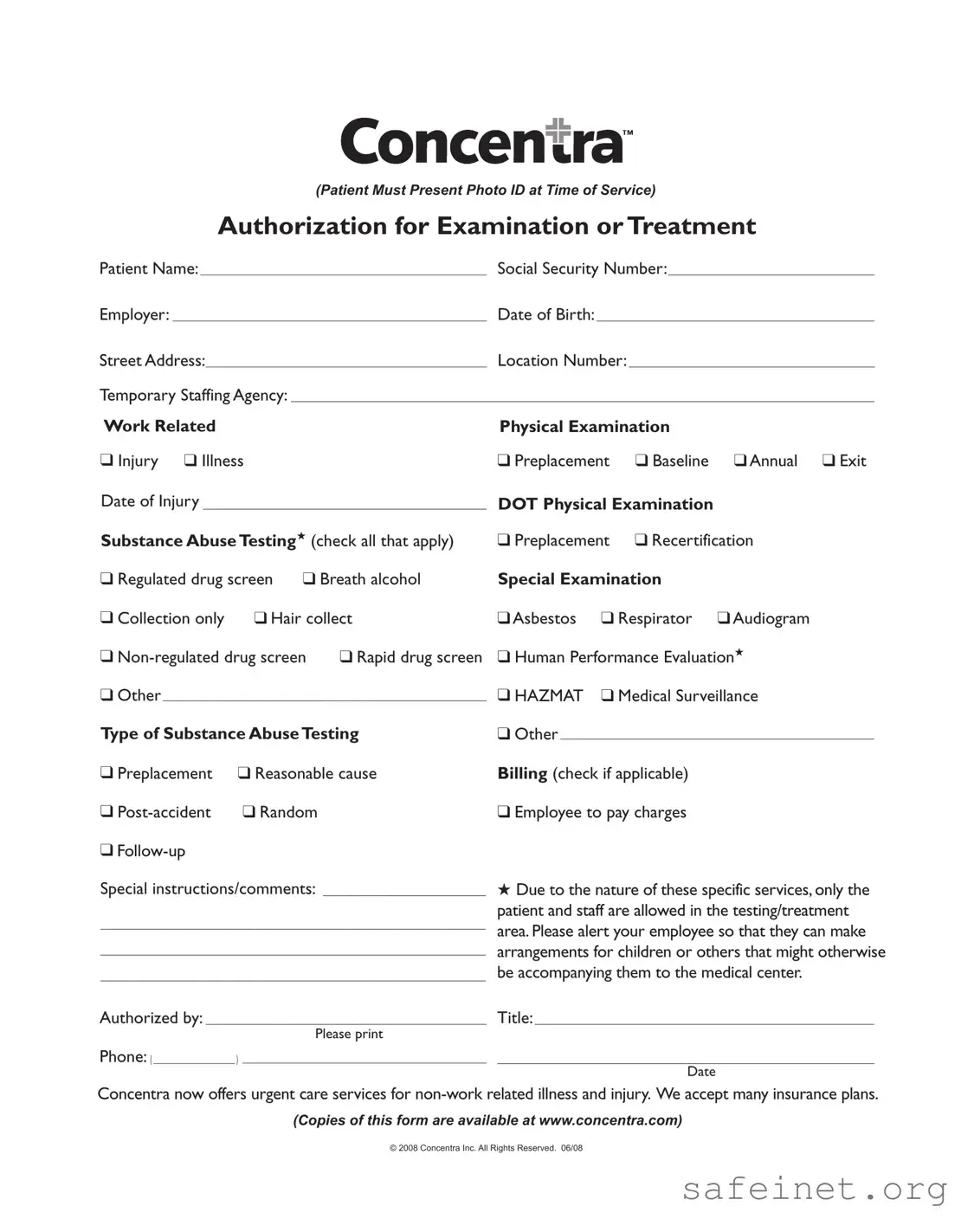 Blank Concentra Authorization Template