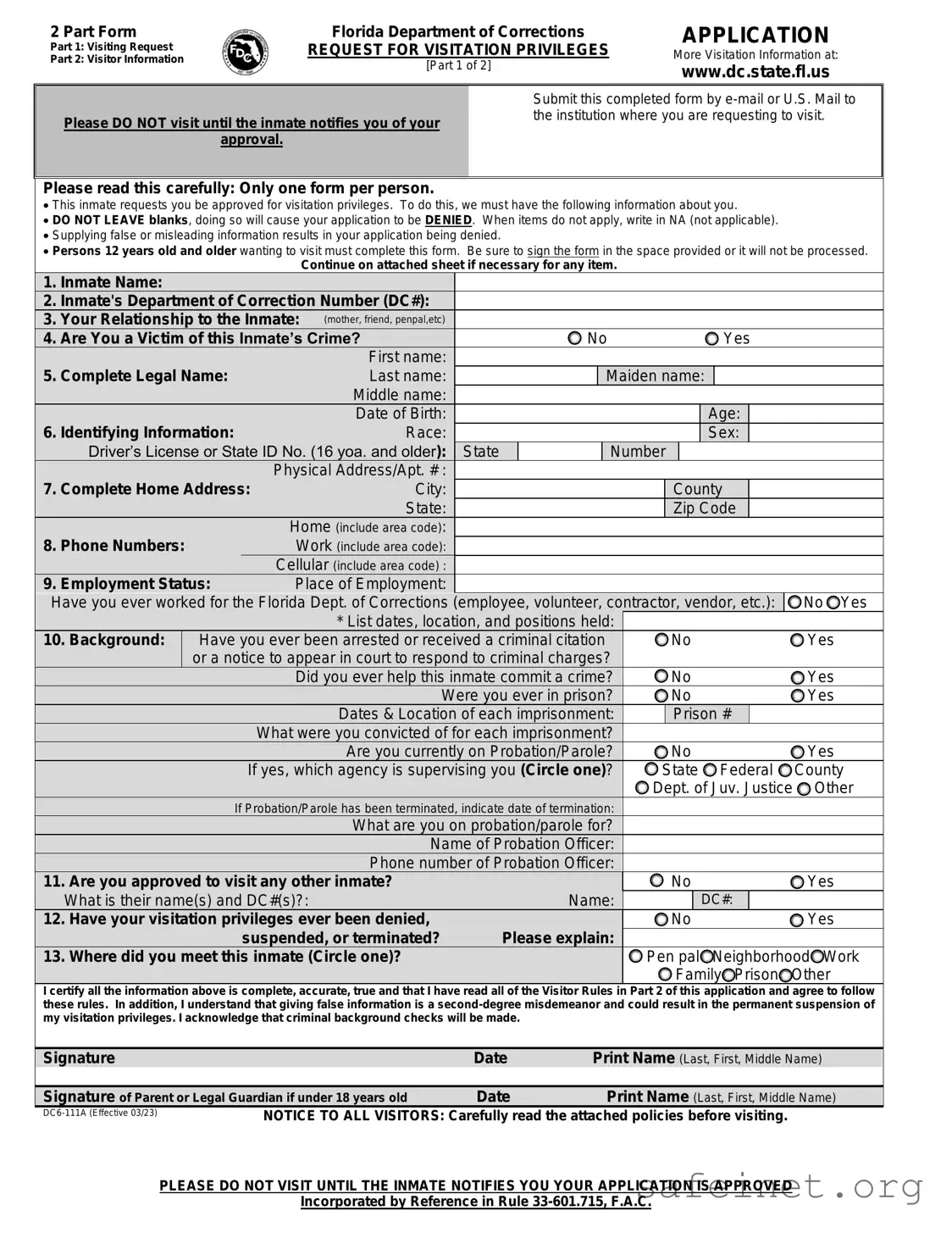 Blank Department Of Corrections Visitation Florida Template