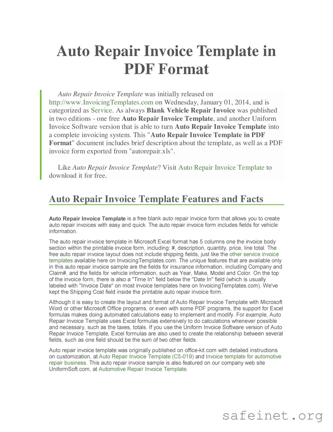 Blank Auto Repair Invoice Template