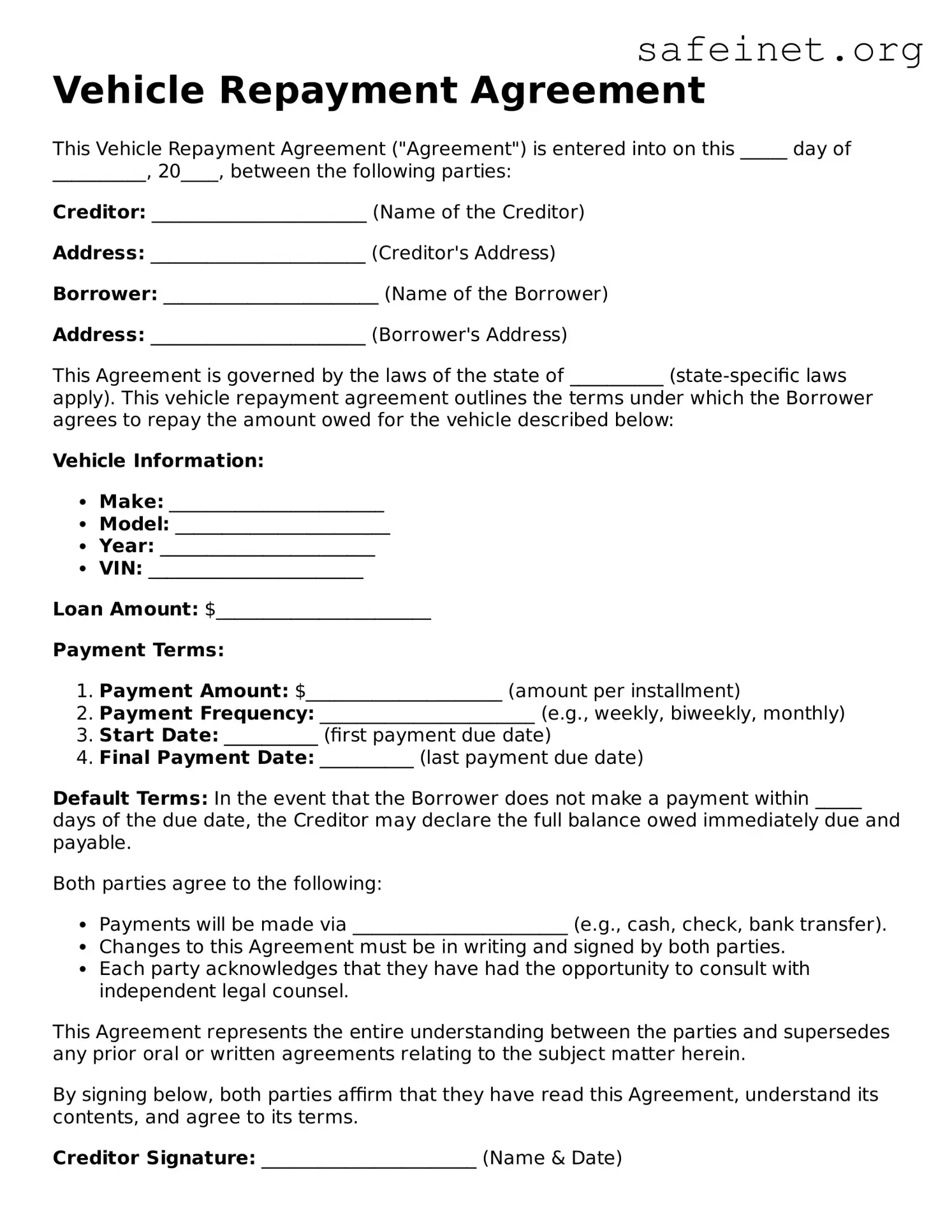 Official Vehicle Repayment Agreement Document