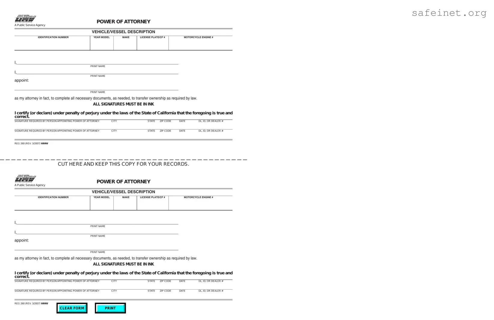 Blank Vehicle POA REG 260 Template