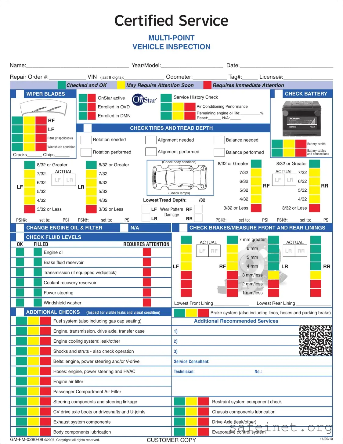 Blank Automobile Service Checklist Template