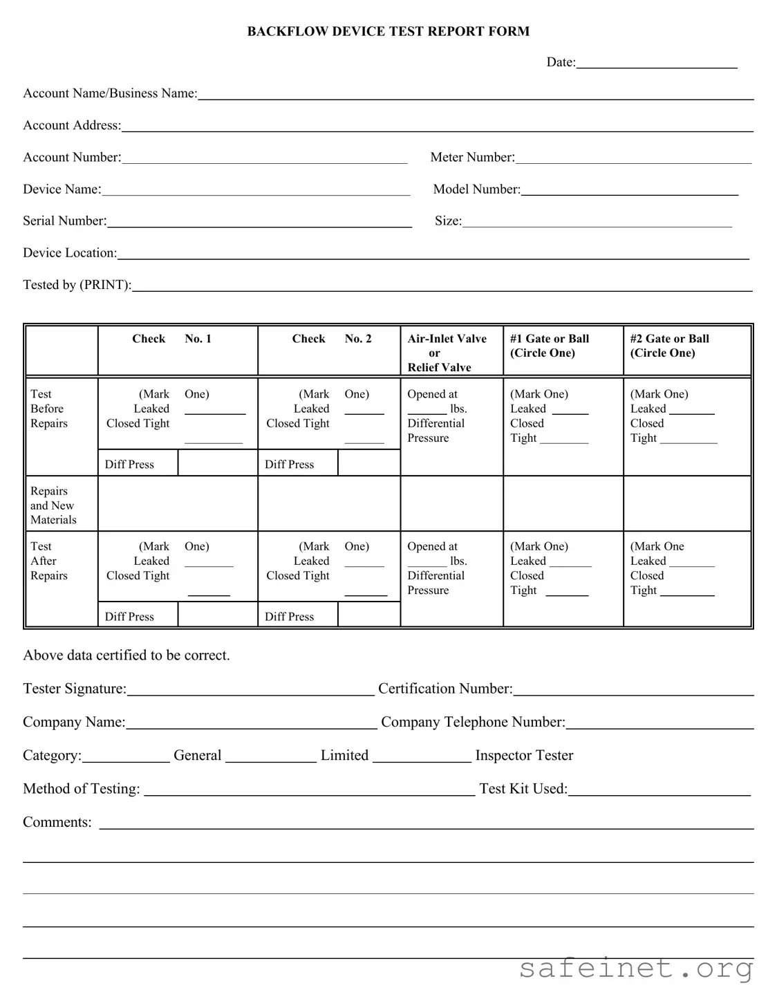 Blank Backflow Test Report Template