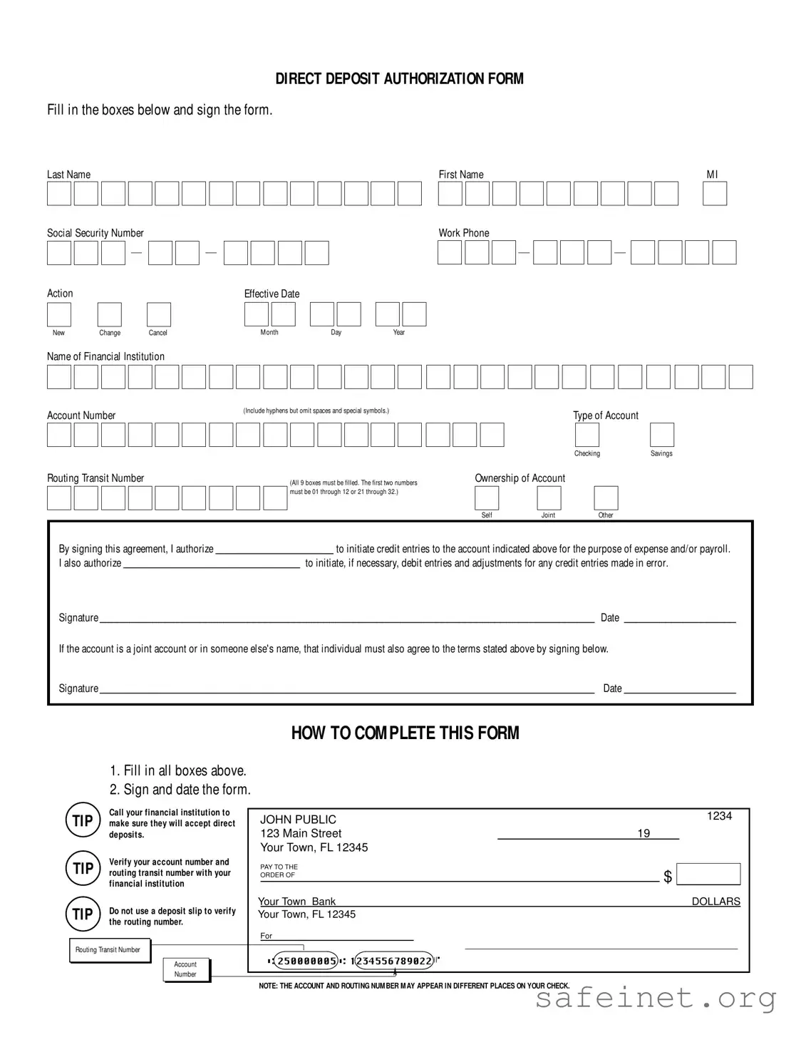 Blank Generic Direct Deposit Template