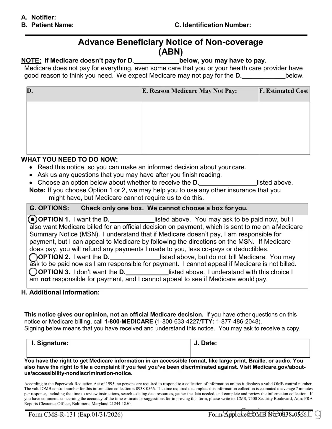 Blank Advance Beneficiary Notice of Non-coverage Template
