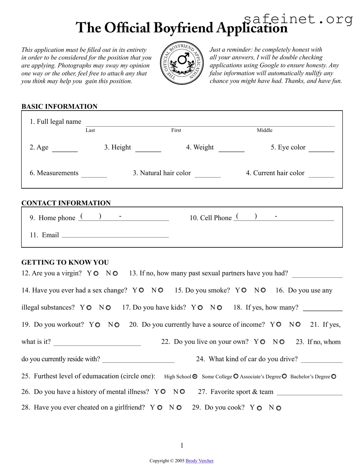 Blank Boyfriend application form Template