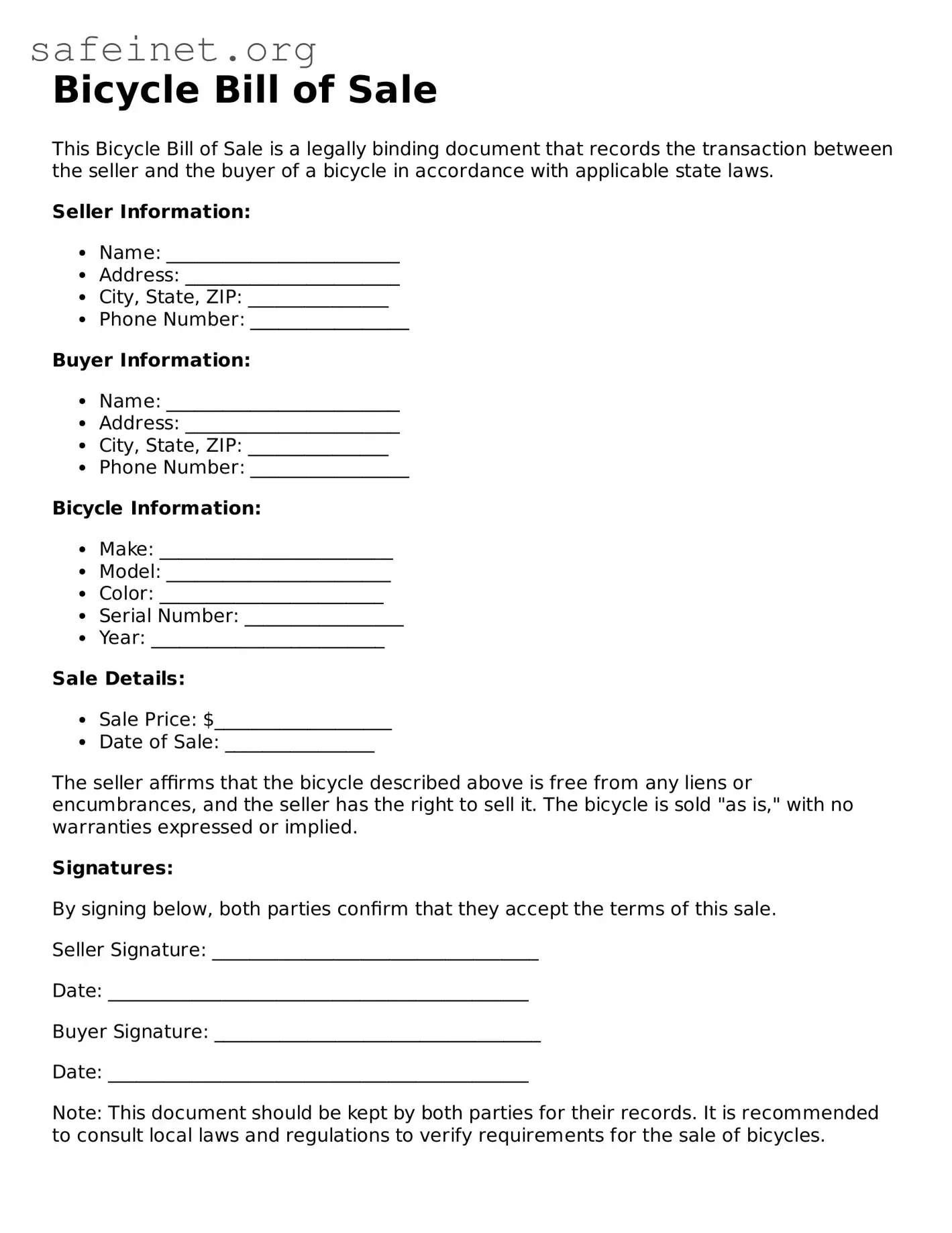 Official Bicycle Bill of Sale Document